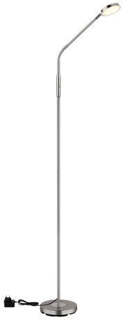 LED-Stehleuchte in seitlicher Ansicht mit flexiblem Hals und rundem Sockel, inklusive Netzteil.