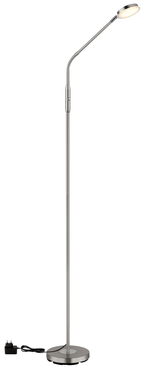 LED-Stehleuchte in seitlicher Ansicht mit flexiblem Hals und rundem Sockel, inklusive Netzteil.