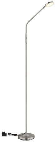 LED-Stehleuchte in seitlicher Ansicht mit flexiblem Hals und rundem Sockel, inklusive Netzteil.