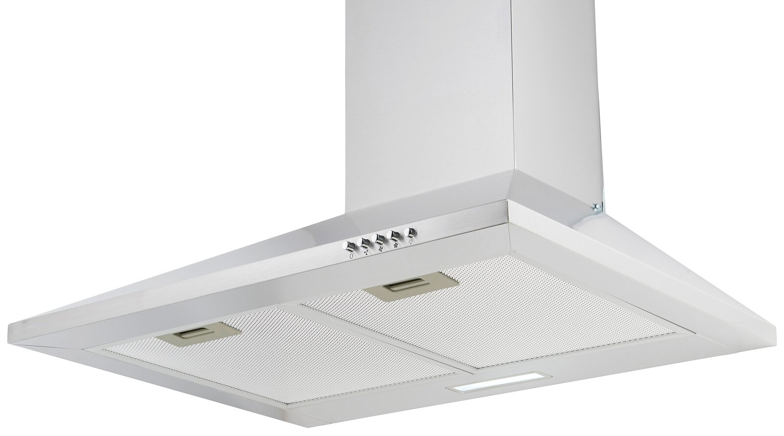 Moderne Edelstahl-Dunstabzugshaube in schräger Perspektive von unten fotografiert, mit Bedienelementen und LED-Beleuchtung.