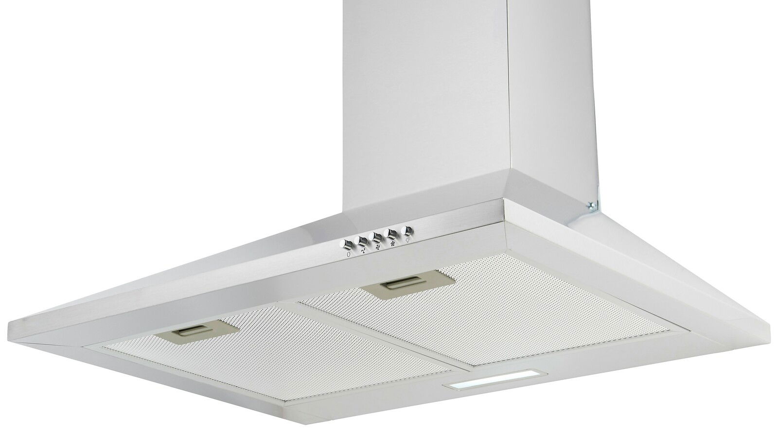 Moderne Edelstahl-Dunstabzugshaube in schräger Perspektive von unten fotografiert, mit Bedienelementen und LED-Beleuchtung.