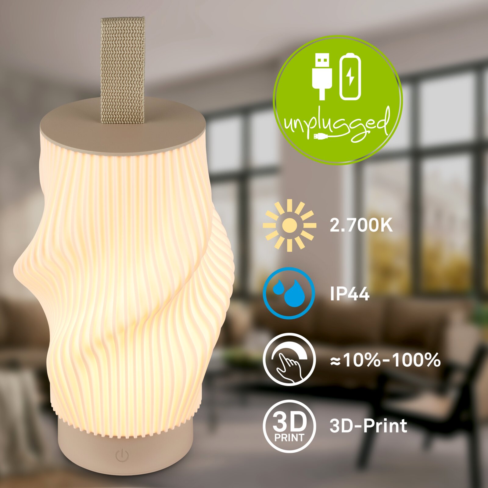 Kabellose LED-Akku-Tischleuchte mit spiralförmigem, 3D-gedrucktem Diffusor, warmweiß 2700K, IP44 und Touch-Dimmung (ca. 10–100 %), Frontansicht leicht von oben, mit Trageschlaufe