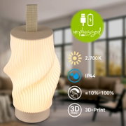 Kabellose LED-Akku-Tischleuchte mit spiralförmigem, 3D-gedrucktem Diffusor, warmweiß 2700K, IP44 und Touch-Dimmung (ca. 10–100 %), Frontansicht leicht von oben, mit Trageschlaufe