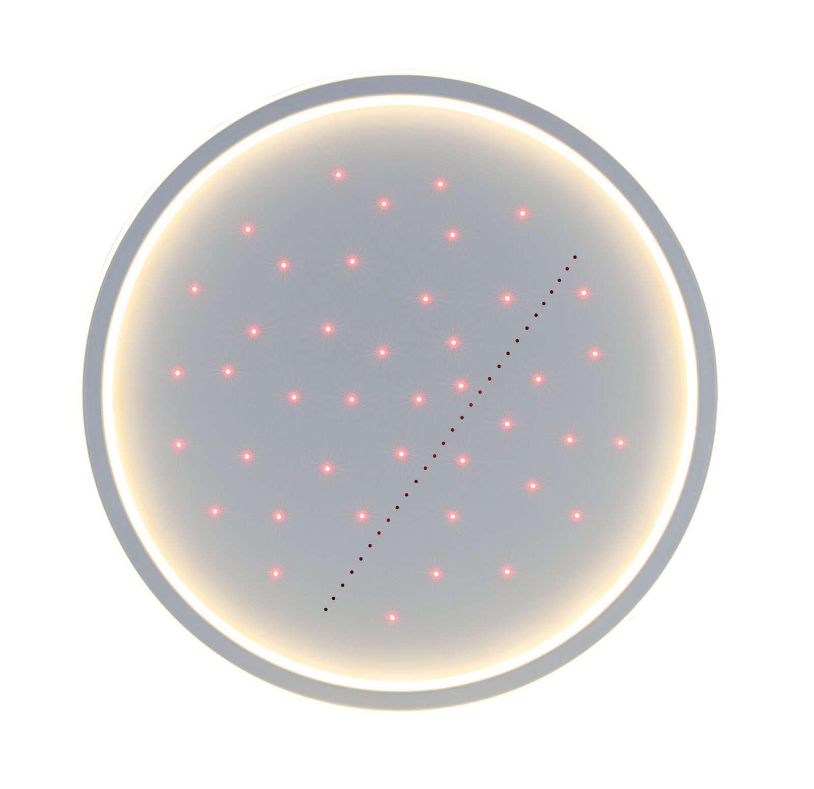 Ronde led-plafondlamp met lichtgevende puntjes en een verlichte rand, gezien van onderaf.