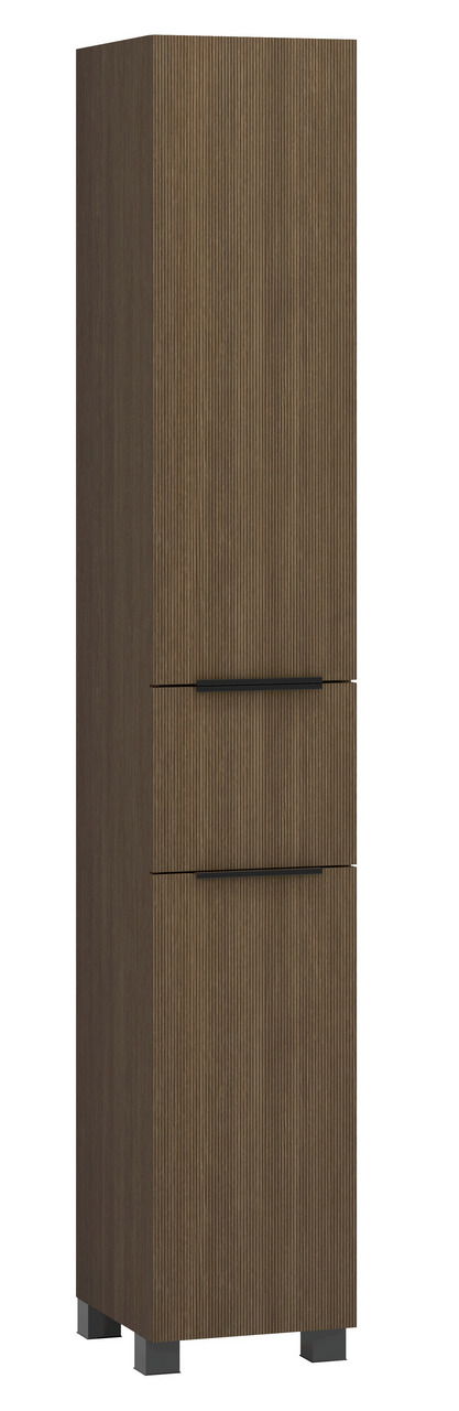 Hochschrank in dunklem Holzdesign, frontal betrachtet