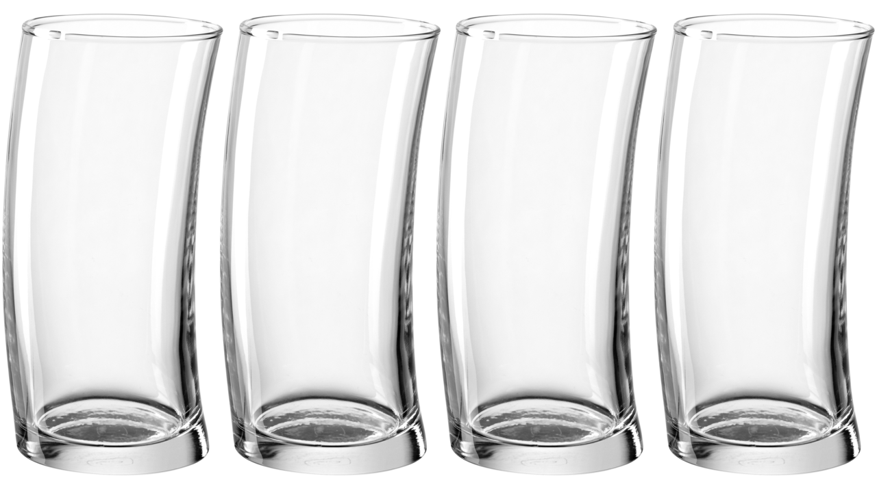 Vier transparente, leicht gebogene Becher mit 450 ml Fassungsvermögen, frontal nebeneinander angeordnet.