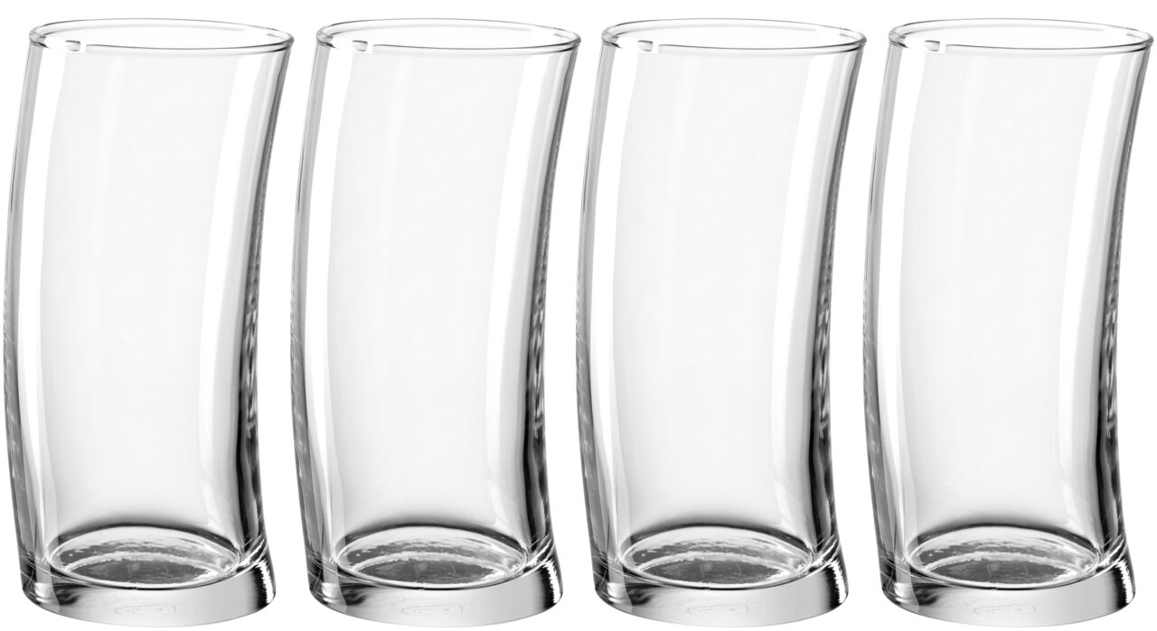 Vier transparente, leicht gebogene Becher mit 450 ml Fassungsvermögen, frontal nebeneinander angeordnet.