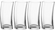 Vier transparente, leicht gebogene Becher mit 450 ml Fassungsvermögen, frontal nebeneinander angeordnet.