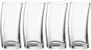 Vier transparente, leicht gebogene Becher mit 450 ml Fassungsvermögen, frontal nebeneinander angeordnet.