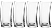 Vier transparente, leicht gebogene Becher mit 450 ml Fassungsvermögen, frontal nebeneinander angeordnet.