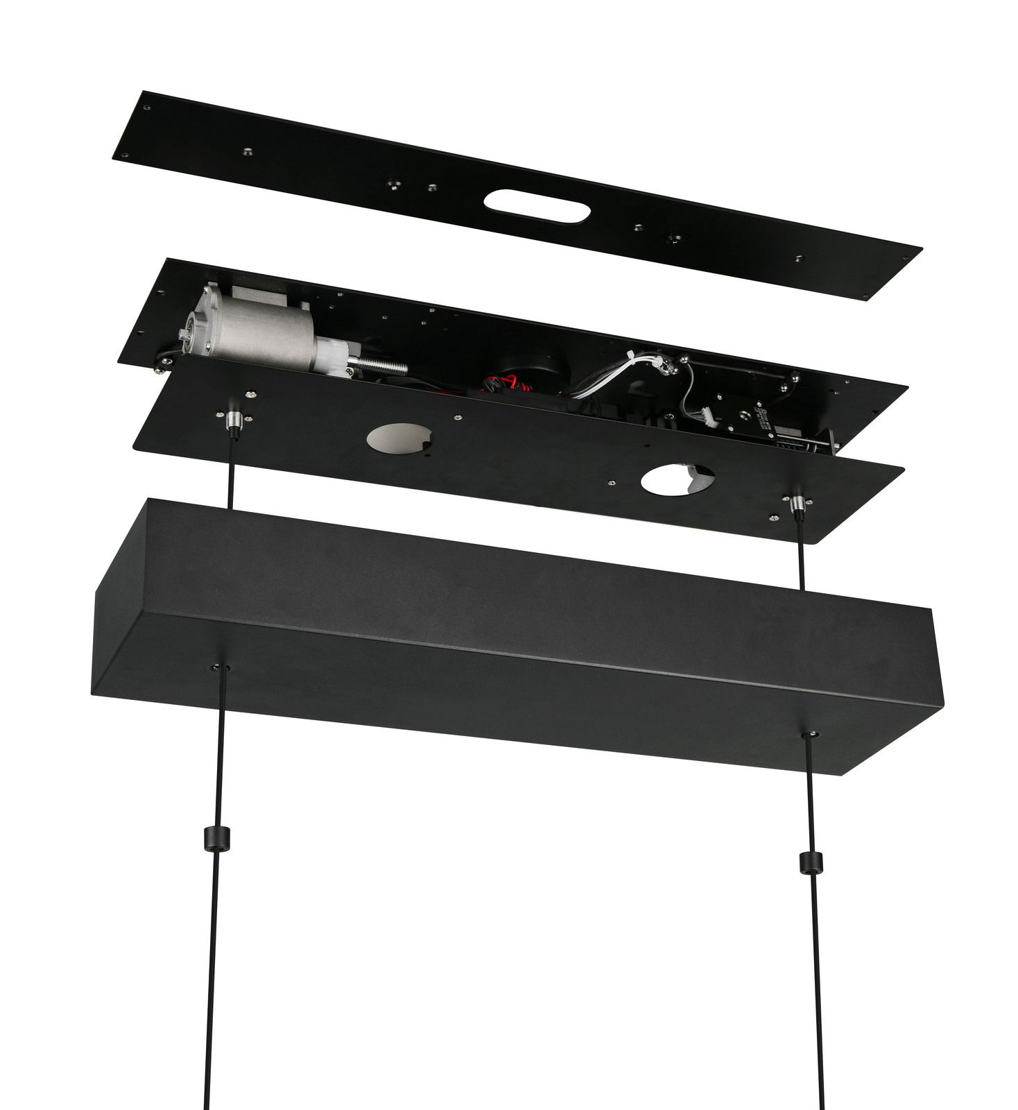 Schwarze Pendelleuchte in Einzelteilen, von unten betrachtet