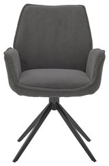 Grauer Armlehnstuhl mit Stoffbezug und schwarzem Metallgestell, Frontalansicht