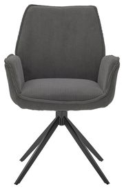 Grauer Armlehnstuhl mit Stoffbezug und schwarzem Metallgestell, Frontalansicht