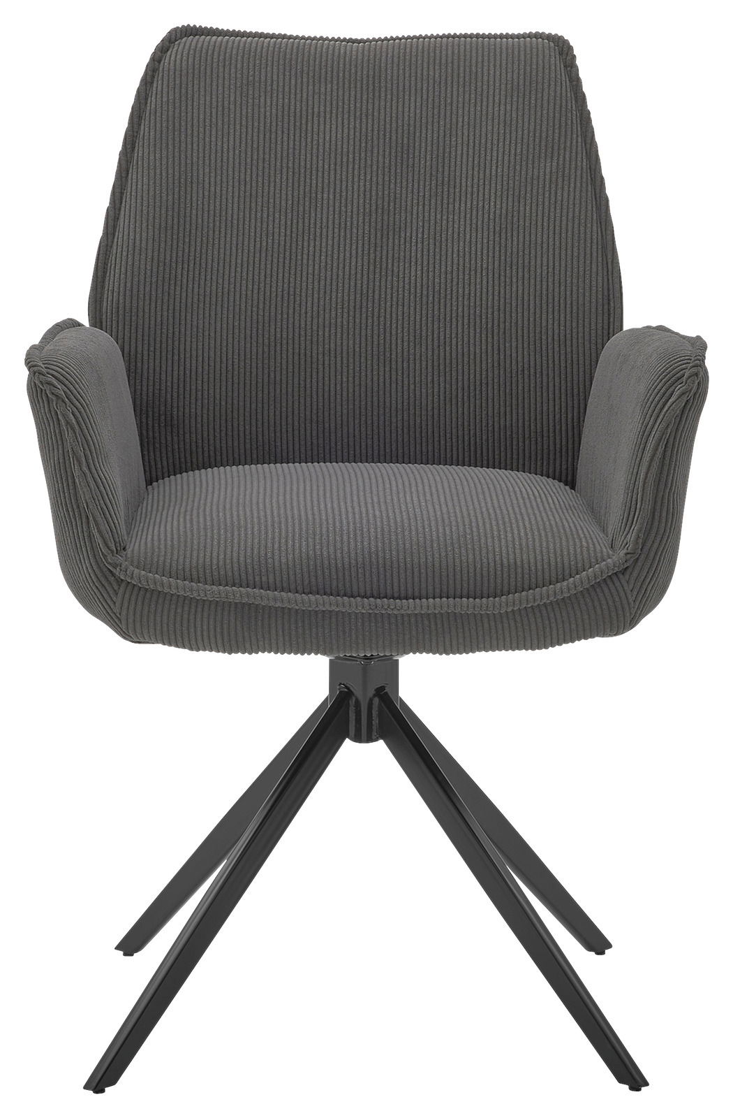 Grauer Armlehnstuhl mit Stoffbezug und schwarzem Metallgestell, Frontalansicht