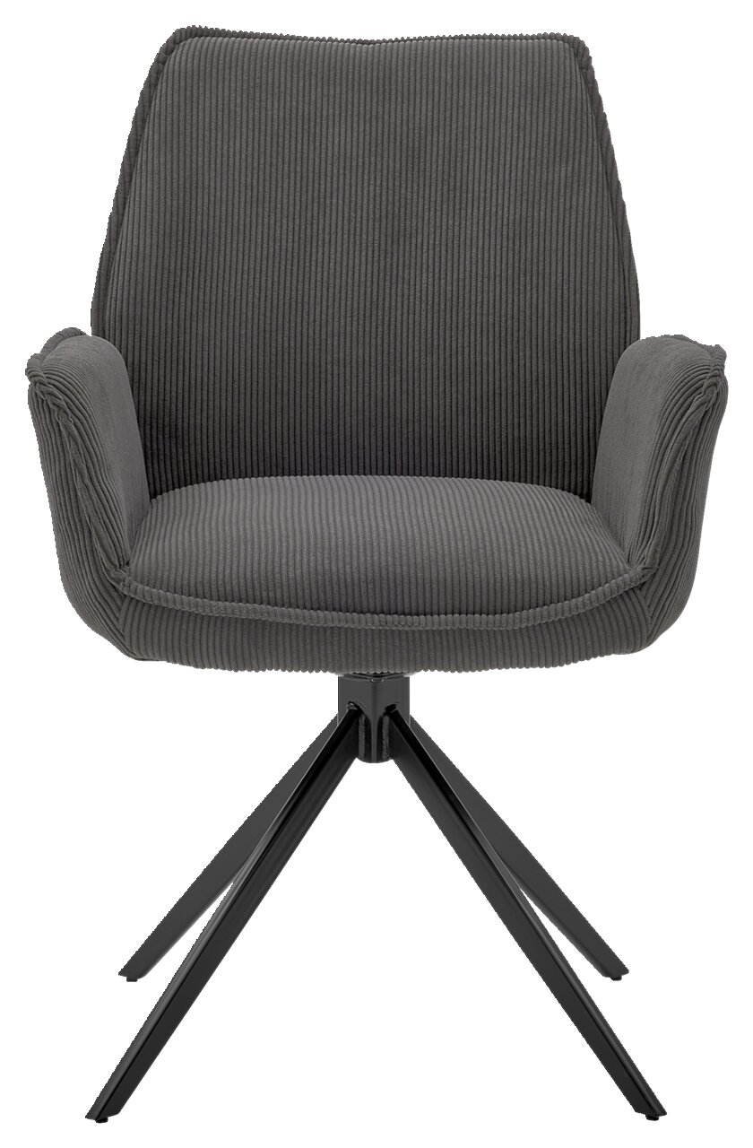 Grauer Armlehnstuhl mit Stoffbezug und schwarzem Metallgestell, Frontalansicht