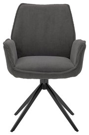 Grauer Armlehnstuhl mit Stoffbezug und schwarzem Metallgestell, Frontalansicht