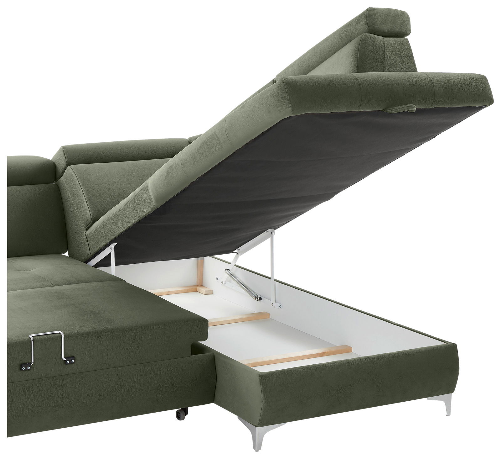 Grüne Rundecke mit hochgeklappter Sitzfläche, die den Stauraum darunter zeigt. Perspektive von der Seite.