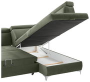 Grüne Rundecke mit hochgeklappter Sitzfläche, die den Stauraum darunter zeigt. Perspektive von der Seite.