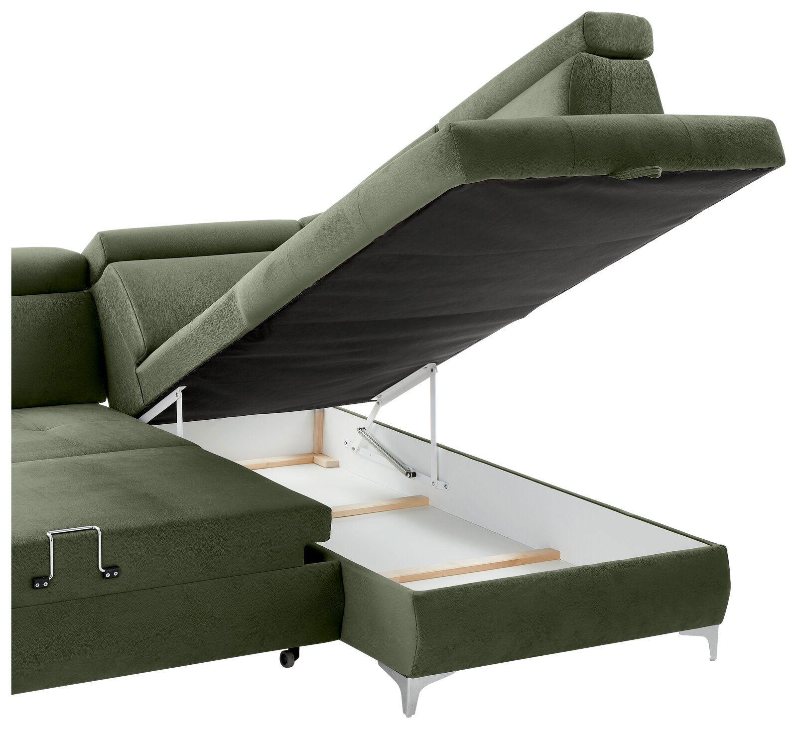 Grüne Rundecke mit hochgeklappter Sitzfläche, die den Stauraum darunter zeigt. Perspektive von der Seite.