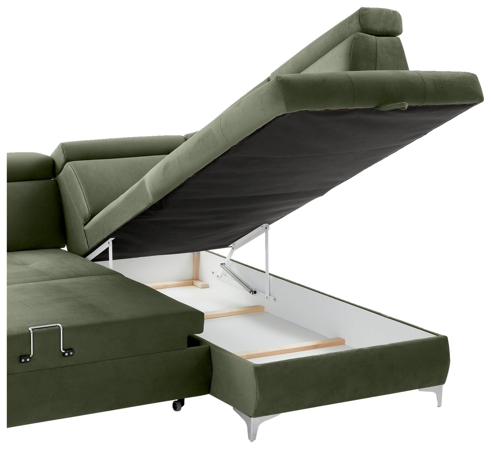 Grüne Rundecke mit hochgeklappter Sitzfläche, die den Stauraum darunter zeigt. Perspektive von der Seite.