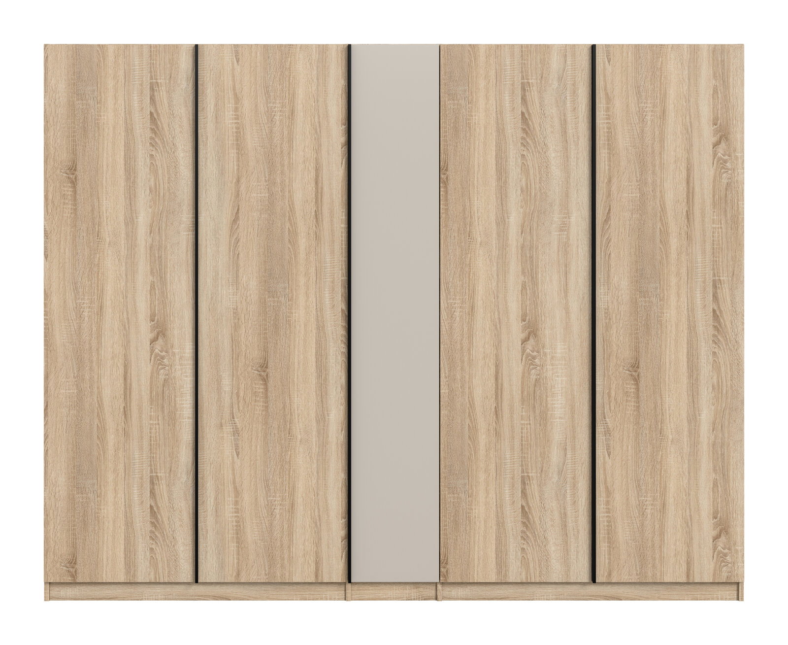 Frontansicht eines modernen Kleiderschranks in heller Holzoptik mit fünf Türen und mittlerer, vertikaler Absetzung in Beige