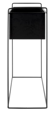 Schwarzer Pflanzkübel in einem minimalistischen Metallgestell, frontal betrachtet.