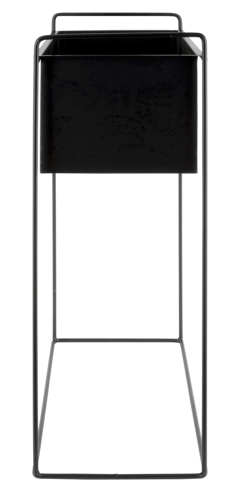 Schwarzer Pflanzkübel in einem minimalistischen Metallgestell, frontal betrachtet.