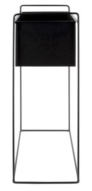 Schwarzer Pflanzkübel in einem minimalistischen Metallgestell, frontal betrachtet.