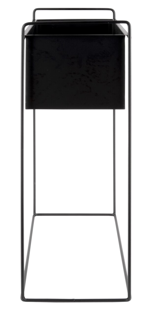 Schwarzer Pflanzkübel in einem minimalistischen Metallgestell, frontal betrachtet.