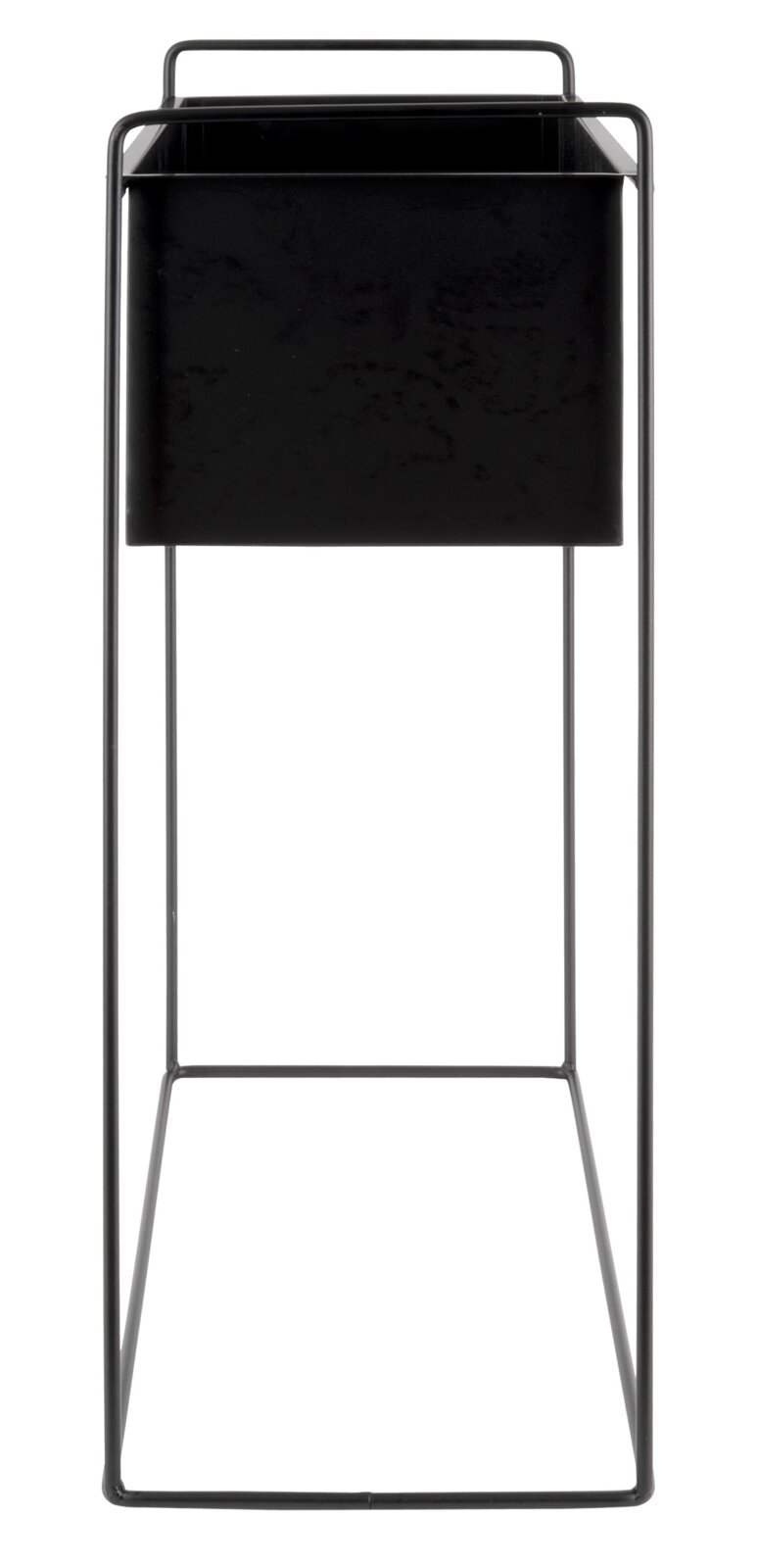 Schwarzer Pflanzkübel in einem minimalistischen Metallgestell, frontal betrachtet.