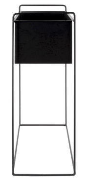 Schwarzer Pflanzkübel in einem minimalistischen Metallgestell, frontal betrachtet.