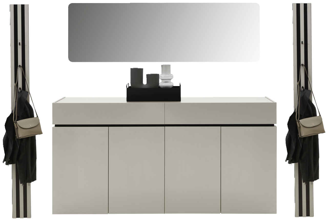 Voleo Garderoben-Set 4 UNIQUE Frontale Ansicht eines modernen Garderoben-Sets in Kaschmirfarbe mit Spiegel, Schrank und Haken für Taschen und Jacken.