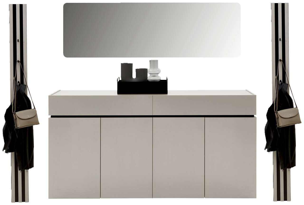 Frontale Ansicht eines modernen Garderoben-Sets in Kaschmirfarbe mit Spiegel, Schrank und Haken für Taschen und Jacken.