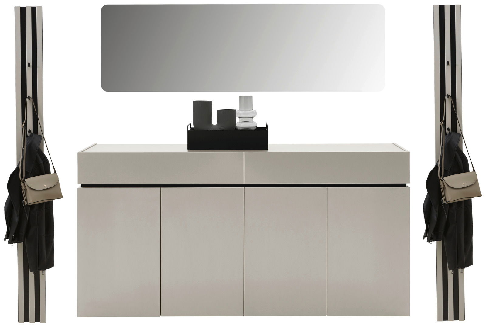 Frontale Ansicht eines modernen Garderoben-Sets in Kaschmirfarbe mit Spiegel, Schrank und Haken für Taschen und Jacken.