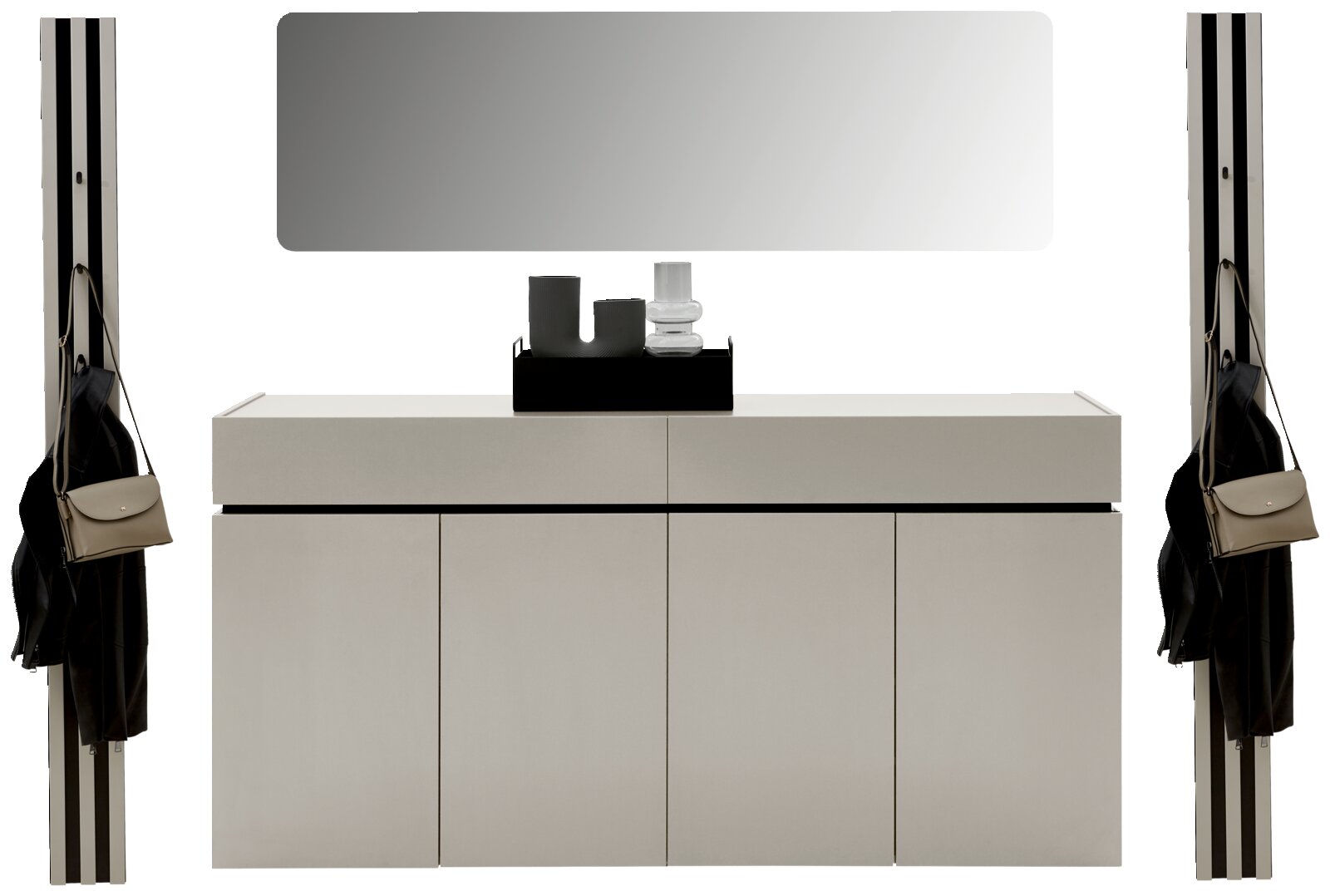 Frontale Ansicht eines modernen Garderoben-Sets in Kaschmirfarbe mit Spiegel, Schrank und Haken für Taschen und Jacken.