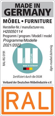 Etikett 'Made in Germany' für Möbel, zertifiziert durch die DGM, mit Hersteller-Nummer H20050114, Programm 2021/2022. Frontalansicht.