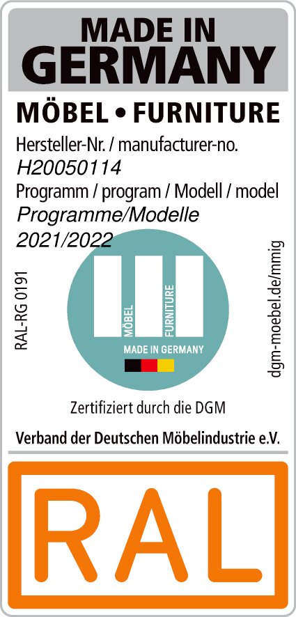 Etikett 'Made in Germany' für Möbel, zertifiziert durch die DGM, mit Hersteller-Nummer H20050114, Programm 2021/2022. Frontalansicht.