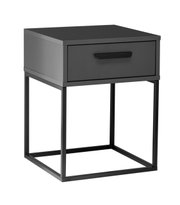 Moderne Nachtkommode in Schwarz mit einem Schubladenfach und einem minimalistischen Metallrahmen, seitliche Perspektive