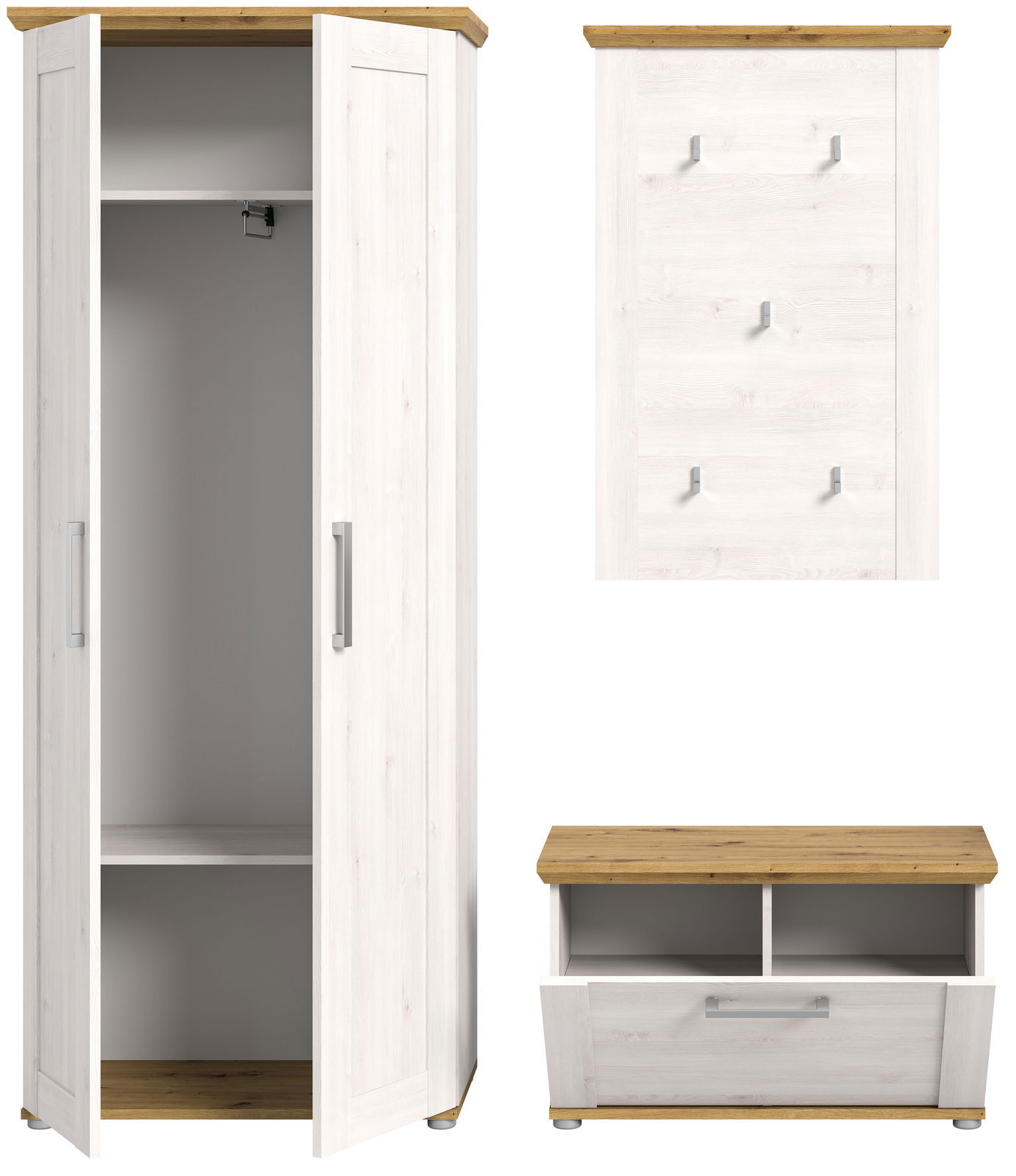 Garderobenkombination in heller Holzoptik mit geöffneter Tür, Wandpaneel mit Haken und Schuhbank, Frontalansicht