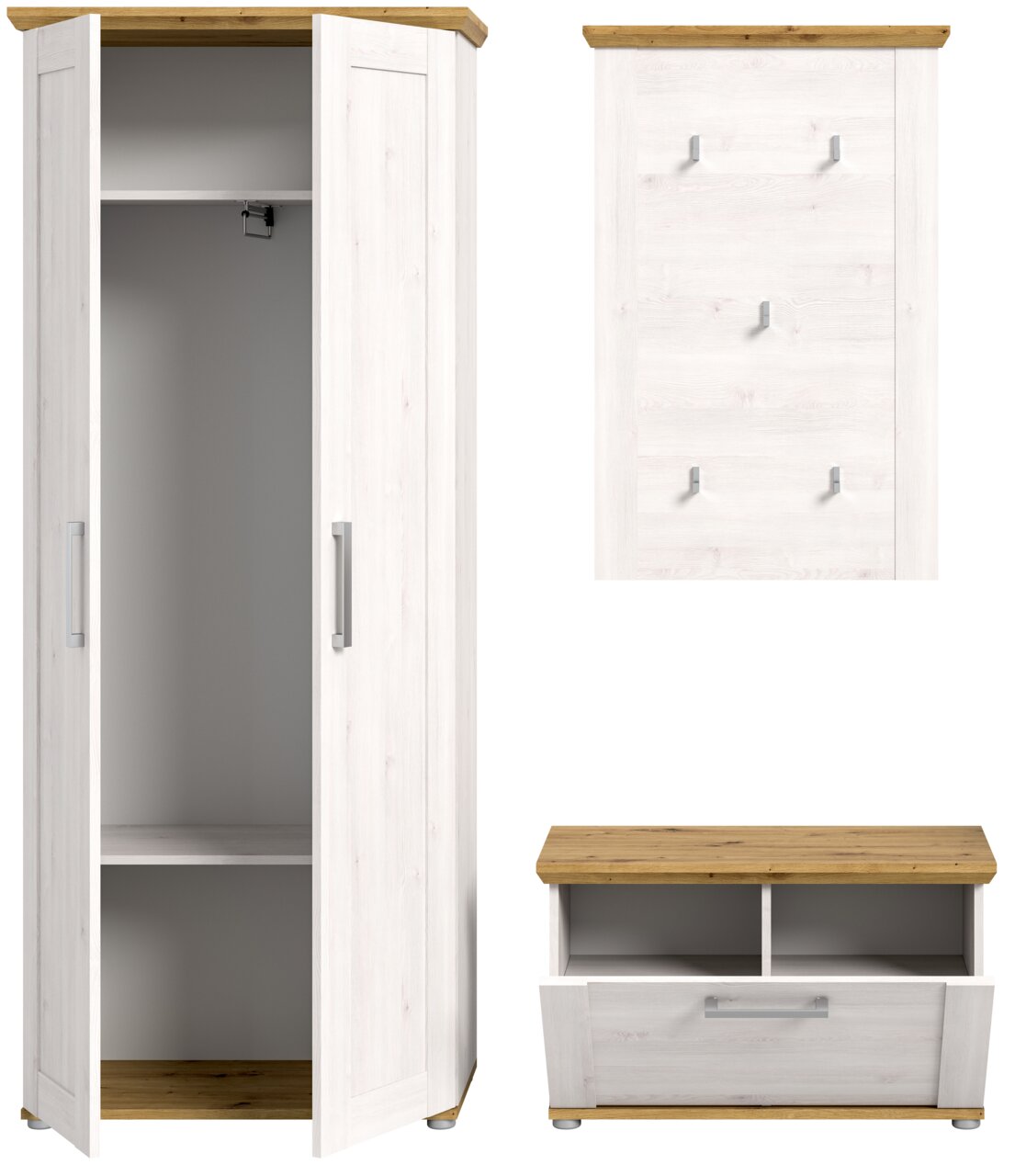 Garderobenkombination in heller Holzoptik mit geöffneter Tür, Wandpaneel mit Haken und Schuhbank, Frontalansicht