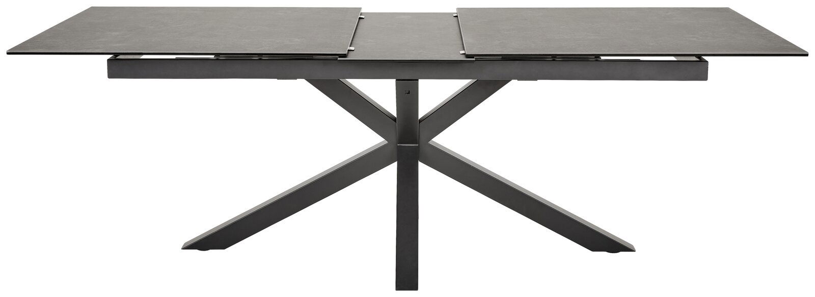 Moderner Esstisch mit ausziehbarer Tischplatte und X-förmigem Gestell, seitliche Perspektive