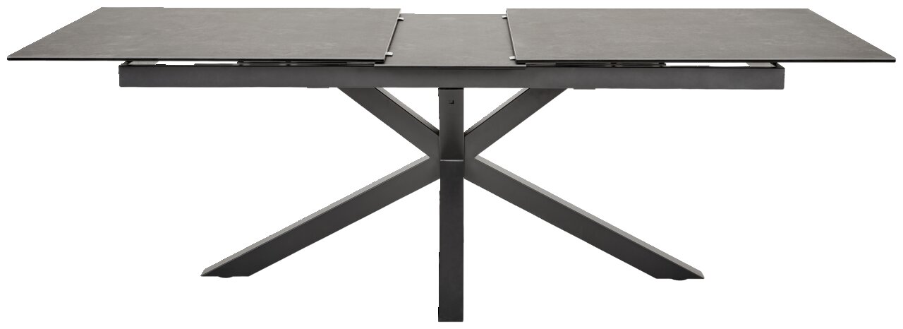Moderne eettafel met uitschuifbaar tafelblad en X-vormig onderstel, zijaanzicht