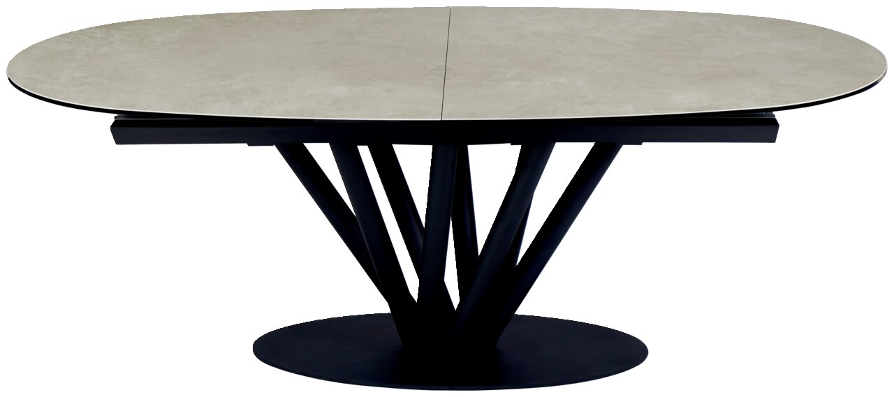 Moderne eettafel met een ovaal, licht blad en een zwart, sculpturaal onderstel, gezien vanaf de zijkant.