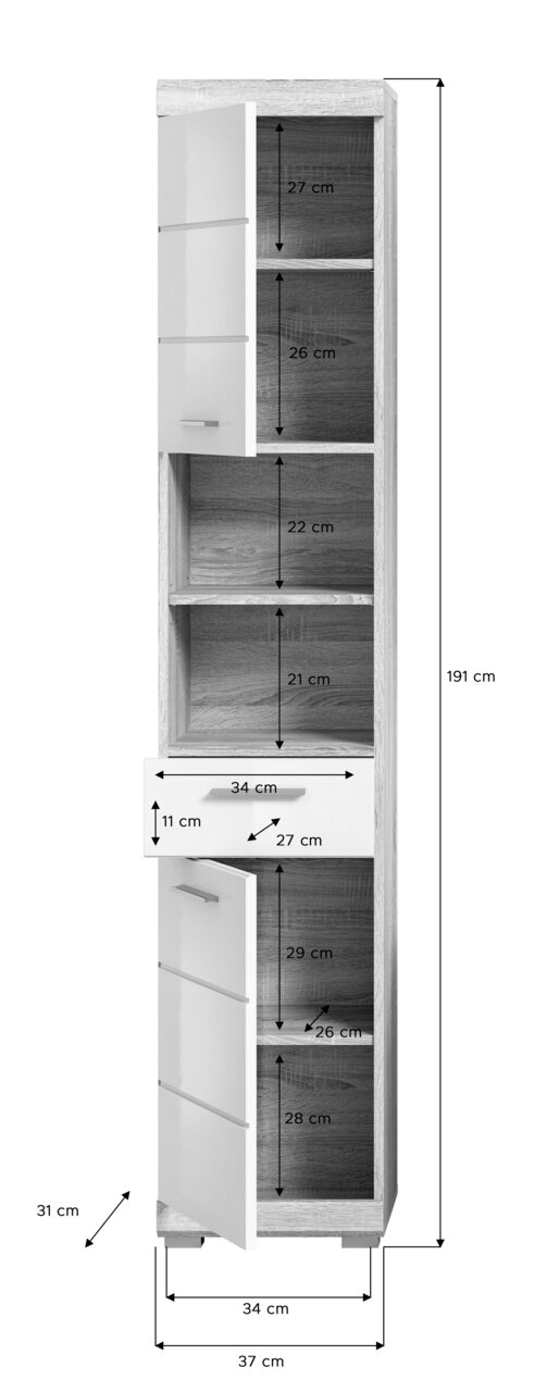Hochschrank mit mehreren Fächern und Schublade, Frontansicht, Maße: 191 cm hoch, 37 cm breit, 31 cm tief.