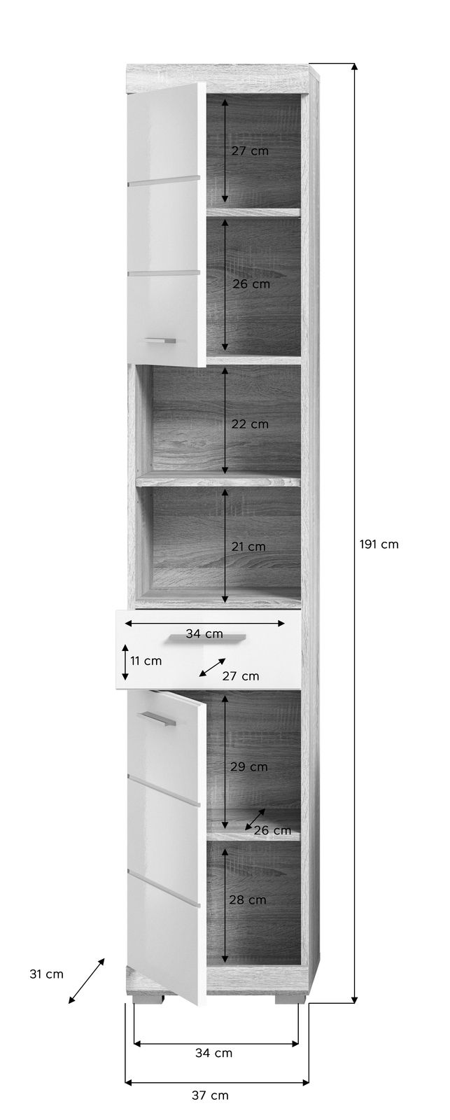 Hochschrank mit mehreren Fächern und Schublade, Frontansicht, Maße: 191 cm hoch, 37 cm breit, 31 cm tief.