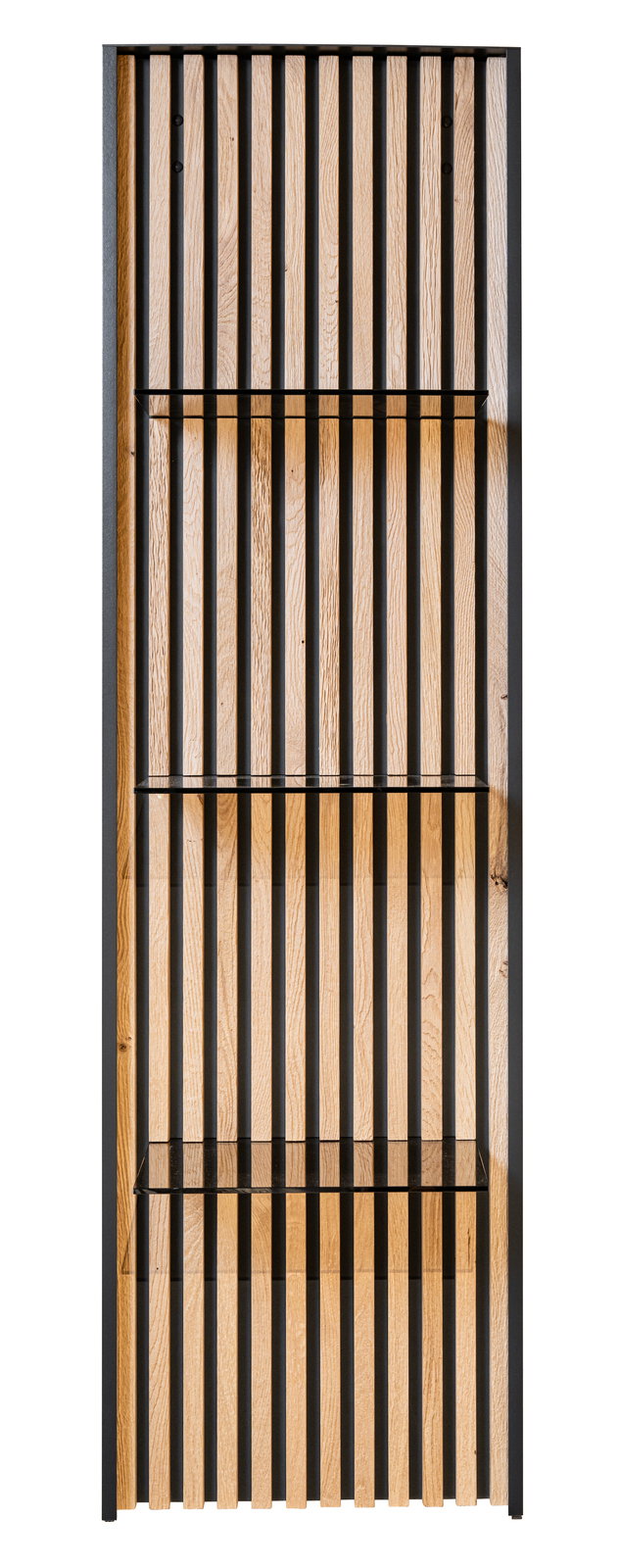 Frontale Ansicht eines modernen Wandpaneels mit vertikalen Holzlatten und schwarzem Rahmen.