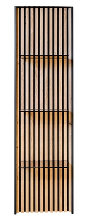Vooraanzicht van een modern wandpaneel met verticale houten latten en een zwarte omlijsting.