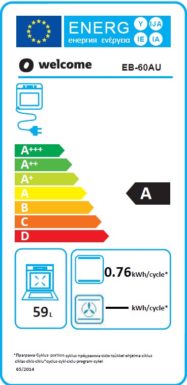 Energie-efficiëntielabel voor een oven met energieklasse A, een energieverbruik van 0,76 kWh per cyclus en een inhoud van 59 liter. Vooraanzicht.