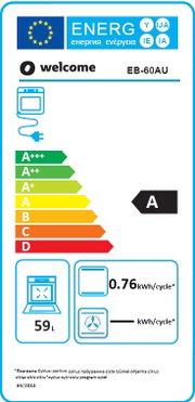 Energie-efficiëntielabel voor een oven met energieklasse A, een energieverbruik van 0,76 kWh per cyclus en een inhoud van 59 liter. Vooraanzicht.