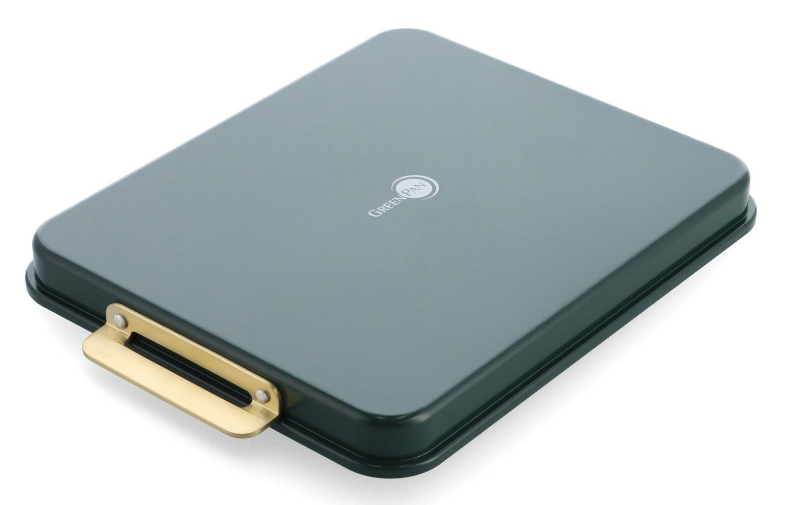 Rechteckige Backform mit grünem Deckel und goldfarbenem Griff, aus seitlicher Perspektive fotografiert.